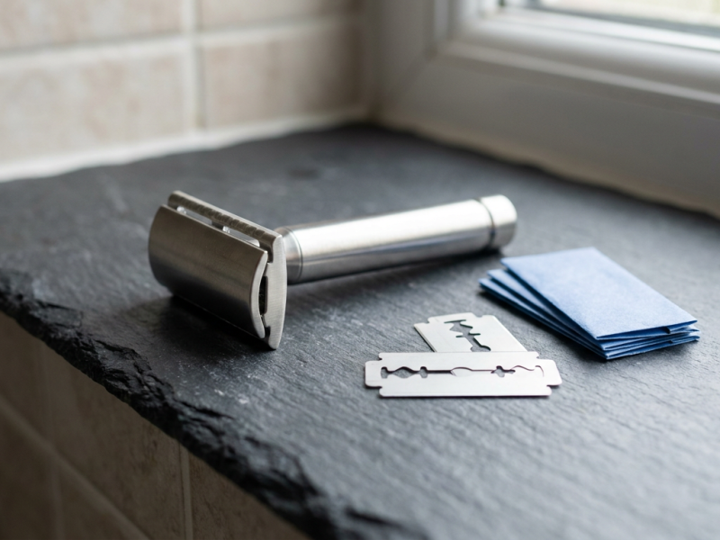 Dorco blades style double edge razor blades beside a chrome safety razor on a bathroom counter