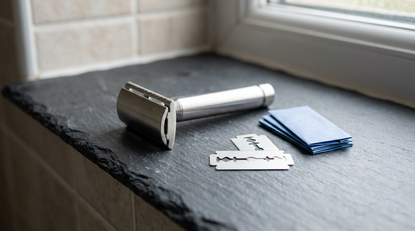 Dorco blades style double edge razor blades beside a chrome safety razor on a bathroom counter