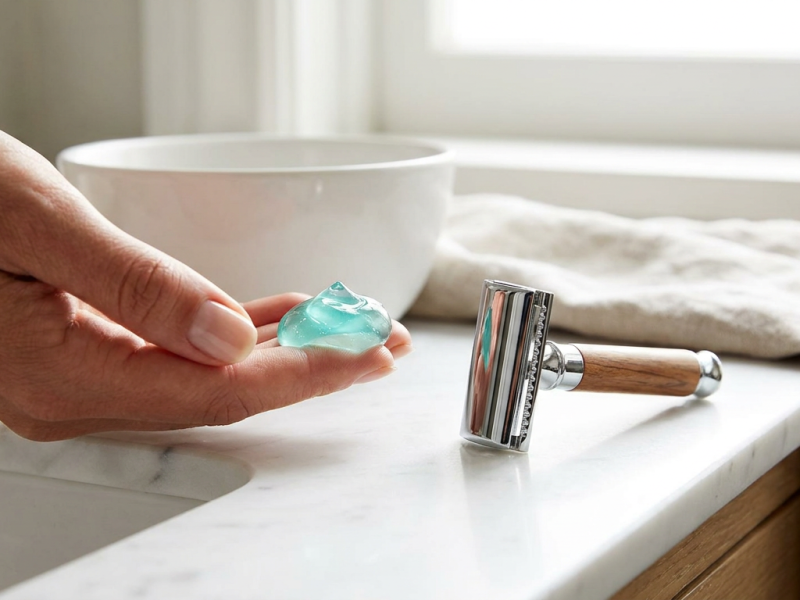 Edge shave gel dispensed next to a safety razor on a bathroom counter
