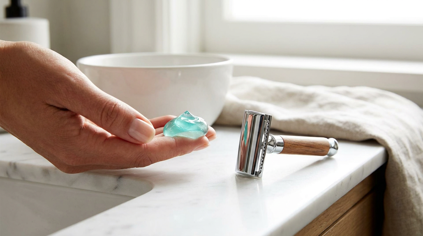 Edge shave gel dispensed next to a safety razor on a bathroom counter