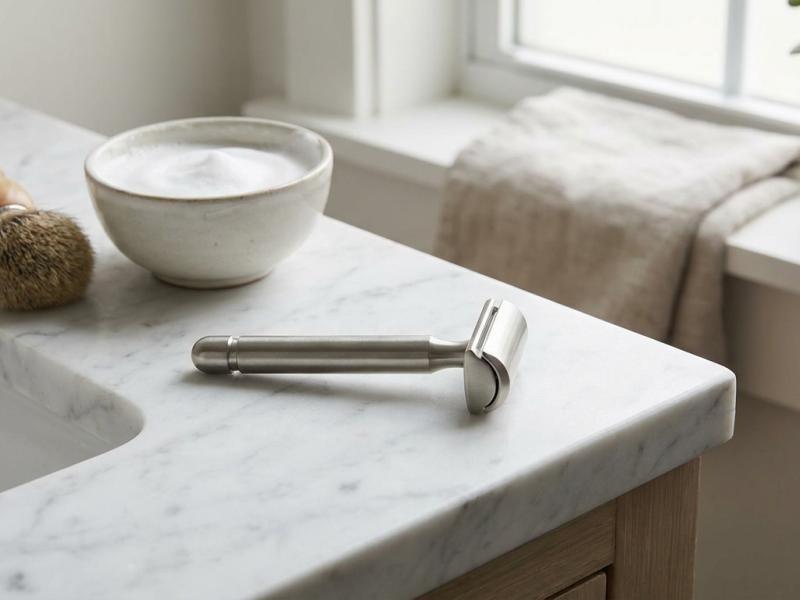 Leaf Shave razor with pivoting head and three half DE blades on a marble sink