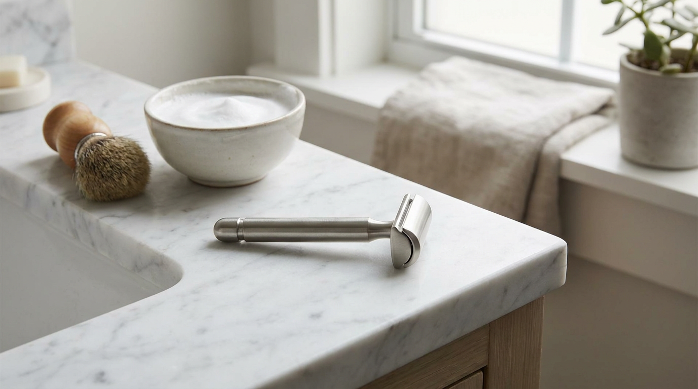 Leaf Shave razor with pivoting head and three half DE blades on a marble sink