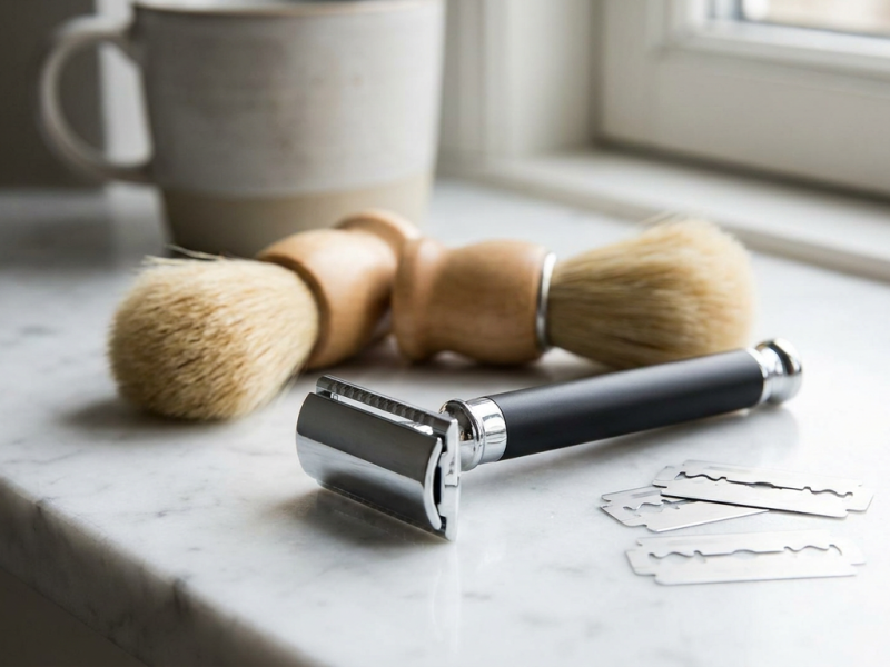 Black and chrome double edge safety razor with shaving brushes and loose DE blades, showing where Legacy Shave razors fit in a DE lineup