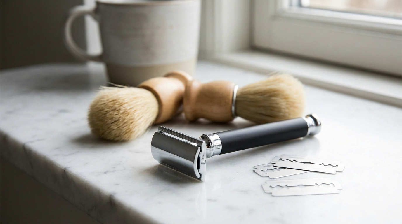 Black and chrome double edge safety razor with shaving brushes and loose DE blades, showing where Legacy Shave razors fit in a DE lineup
