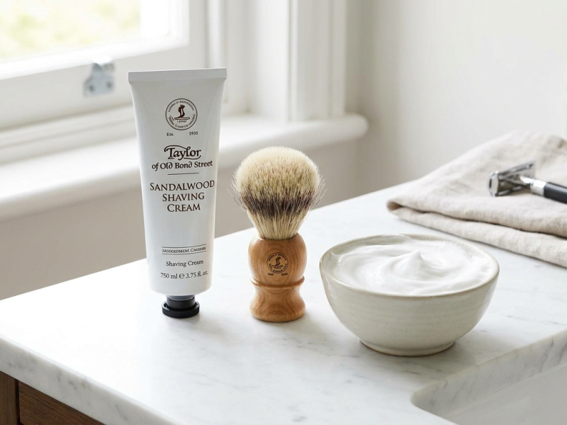 men's shaving cream tube with a shaving brush and dense lather in a bowl