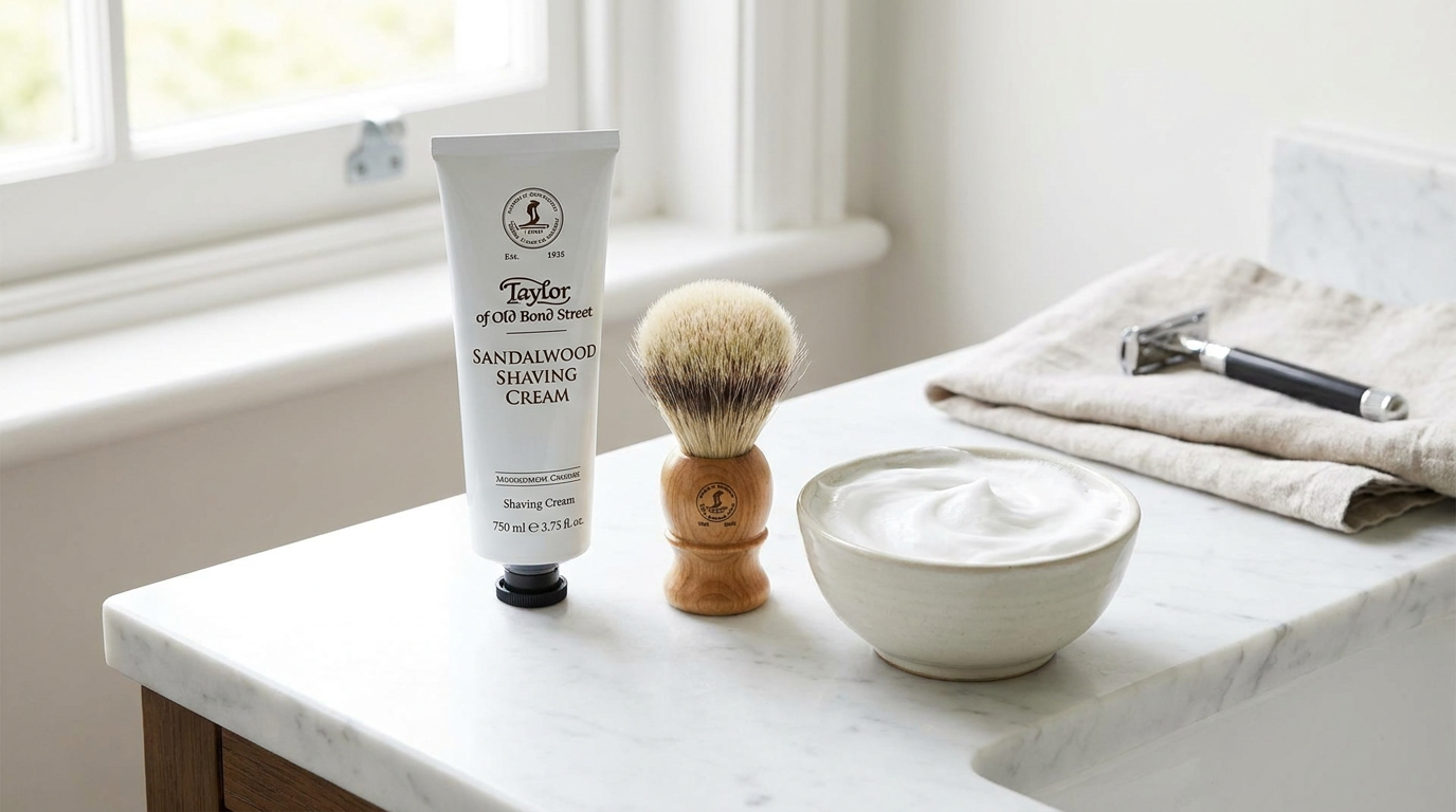 men's shaving cream tube with a shaving brush and dense lather in a bowl
