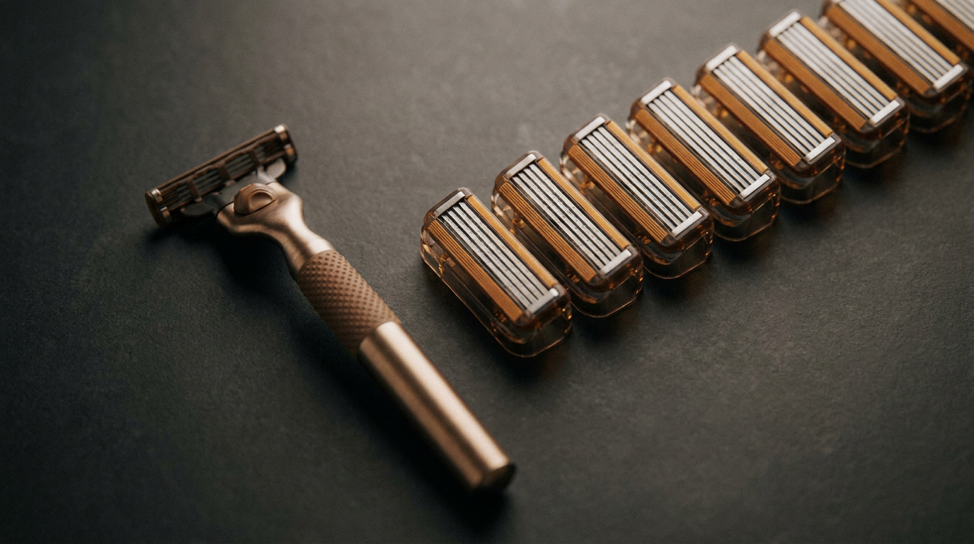 Razor handle and blade cartridges arranged on a countertop for a patriot shave razor overview