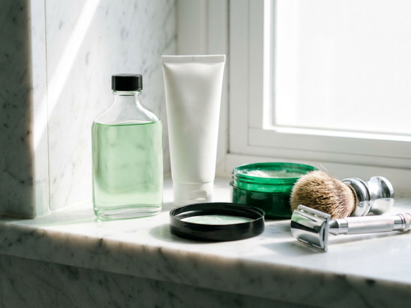 Proraso aftershave splash bottle and balm tube beside green shaving cream, a shaving brush and a safety razor