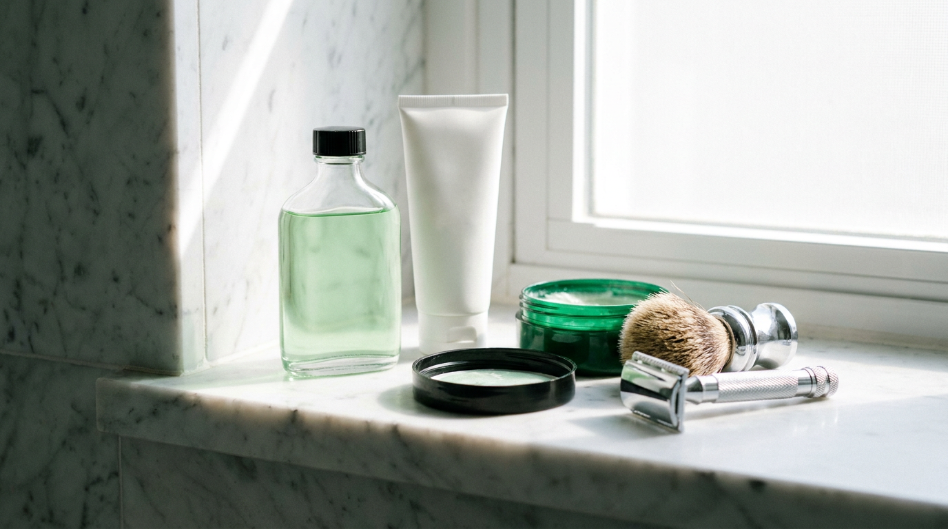 Proraso aftershave splash bottle and balm tube beside green shaving cream, a shaving brush and a safety razor