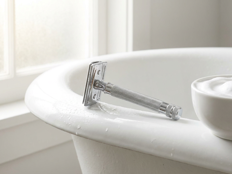 Safety razor for legs with a long chrome handle resting on a bathtub edge beside a bowl of shaving lather