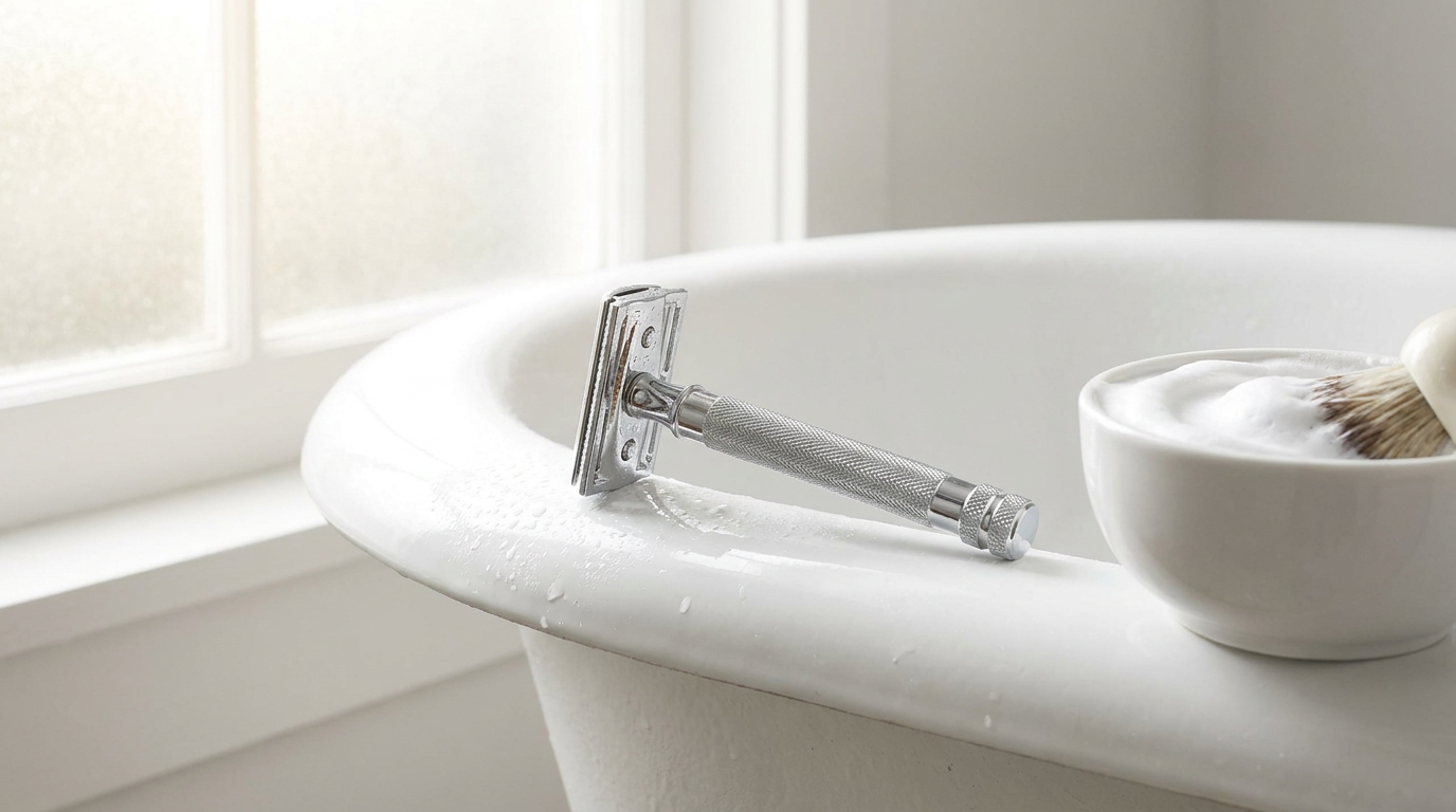 Safety razor for legs with a long chrome handle resting on a bathtub edge beside a bowl of shaving lather
