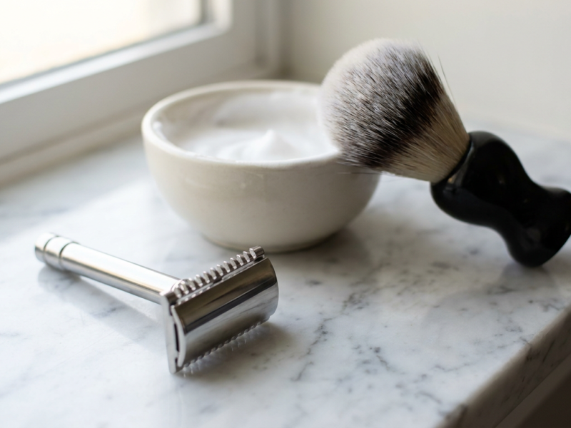 Safety razor for sensitive skin with a closed guard head beside a shaving brush and lather bowl