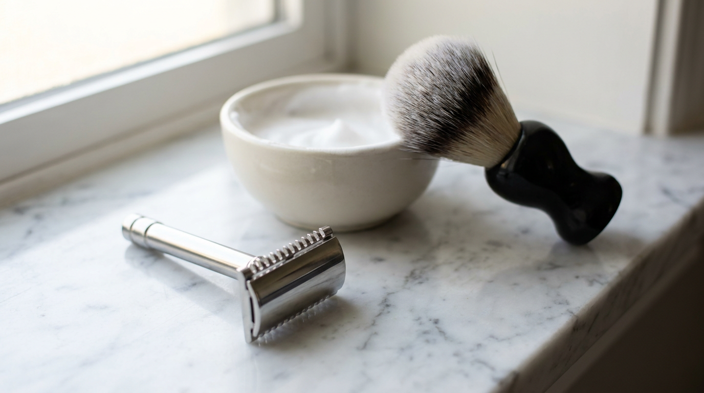Safety razor for sensitive skin with a closed guard head beside a shaving brush and lather bowl