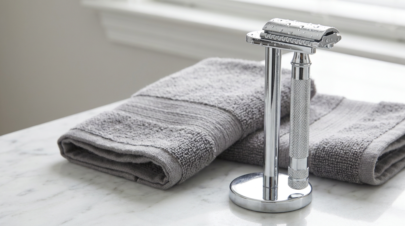 safety razor stand in polished chrome holding a double edge safety razor upright to dry on a marble counter