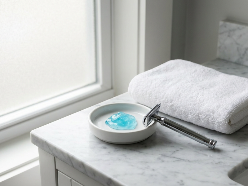 Shaving gel for men on a ceramic dish beside a double edge safety razor