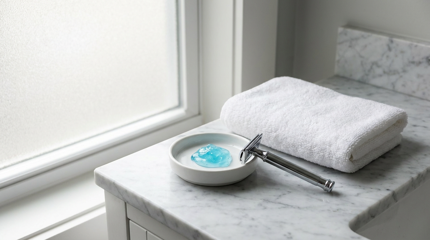 Shaving gel for men on a ceramic dish beside a double edge safety razor