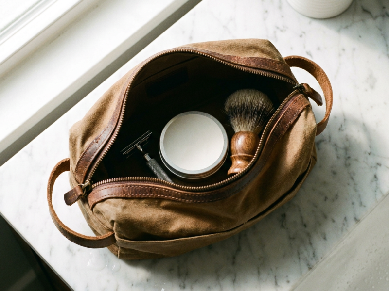 Shaving kit bag in waxed canvas holding a double edge safety razor, shaving soap tin and badger brush
