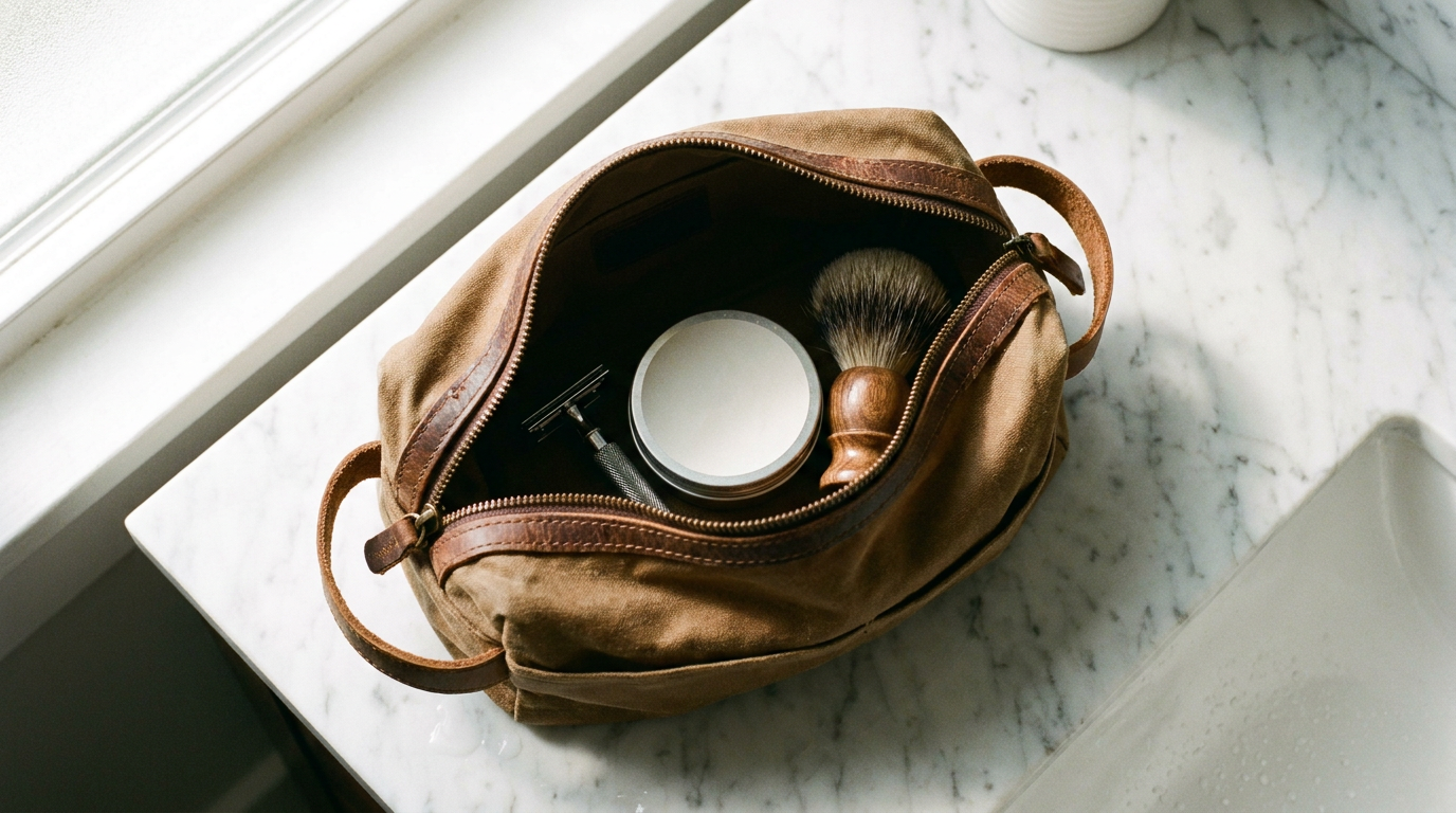 Shaving kit bag in waxed canvas holding a double edge safety razor, shaving soap tin and badger brush