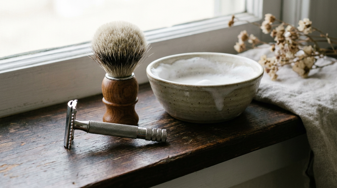 Beginner wet shaving kit with safety razor, brush and shaving soap on a wooden shelf