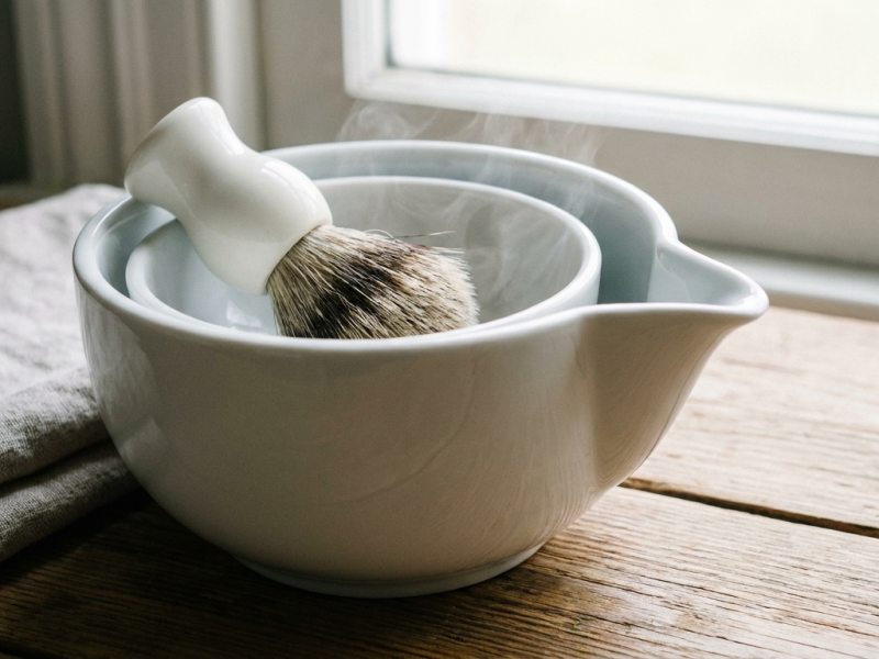 shaving scuttle double-wall porcelain lather bowl with hot water spout and shaving brush