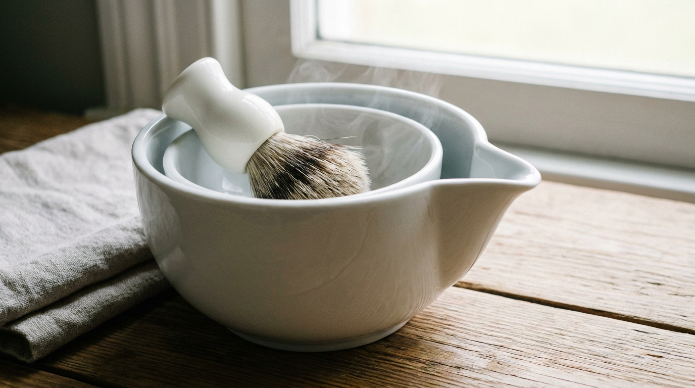shaving scuttle double-wall porcelain lather bowl with hot water spout and shaving brush