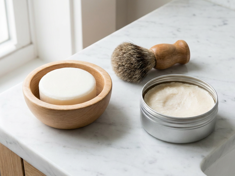 hard triple milled shaving soap bar puck in a wooden bowl beside a soft croap in an open tin and a badger shaving brush