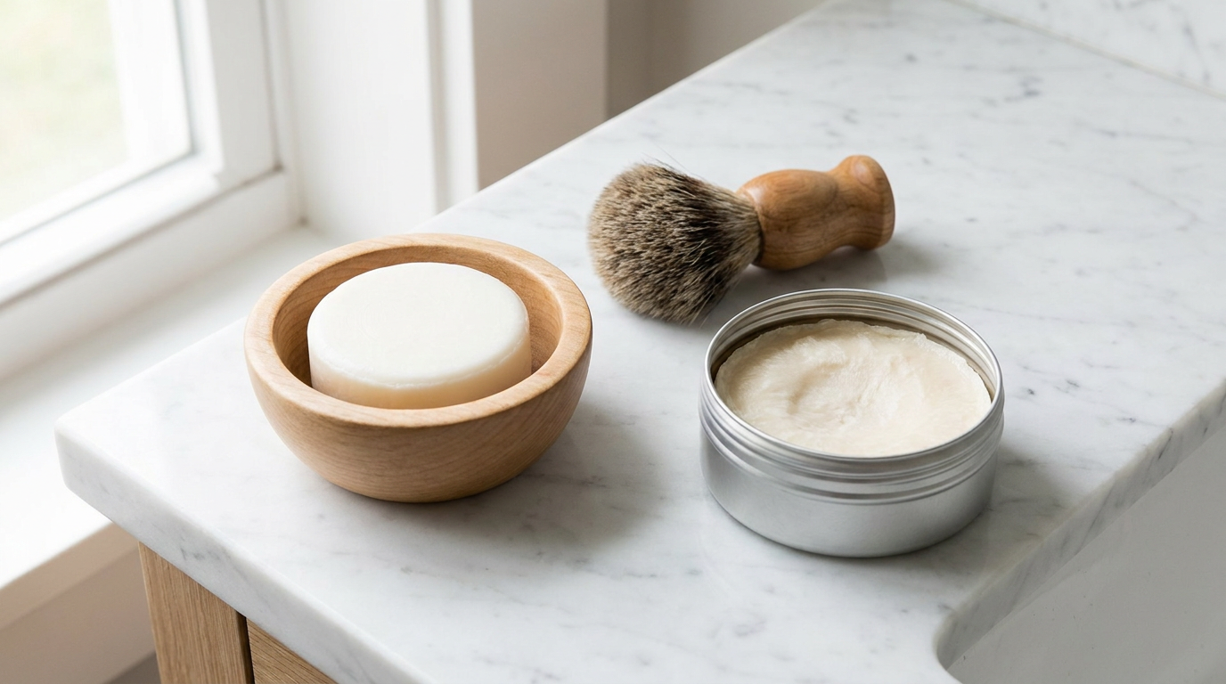 hard triple milled shaving soap bar puck in a wooden bowl beside a soft croap in an open tin and a badger shaving brush