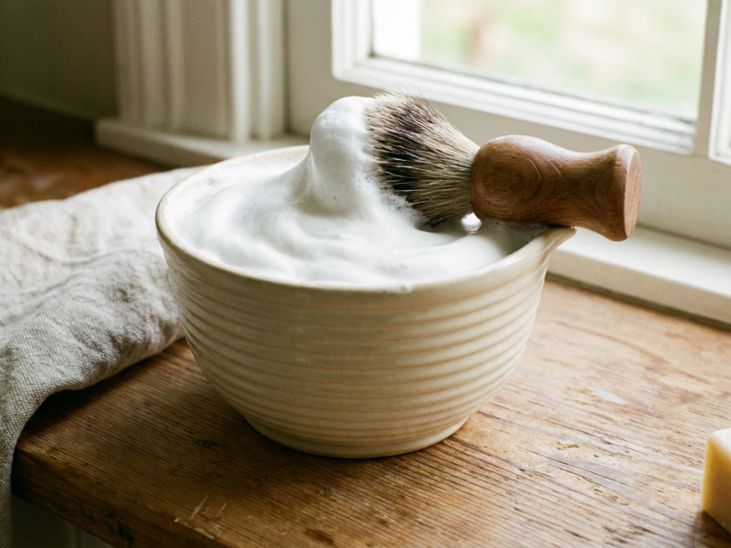 ceramic shaving bowl with a badger shaving brush and thick lather on a bathroom counter