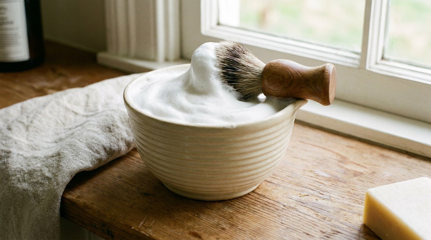 ceramic shaving bowl with a badger shaving brush and thick lather on a bathroom counter
