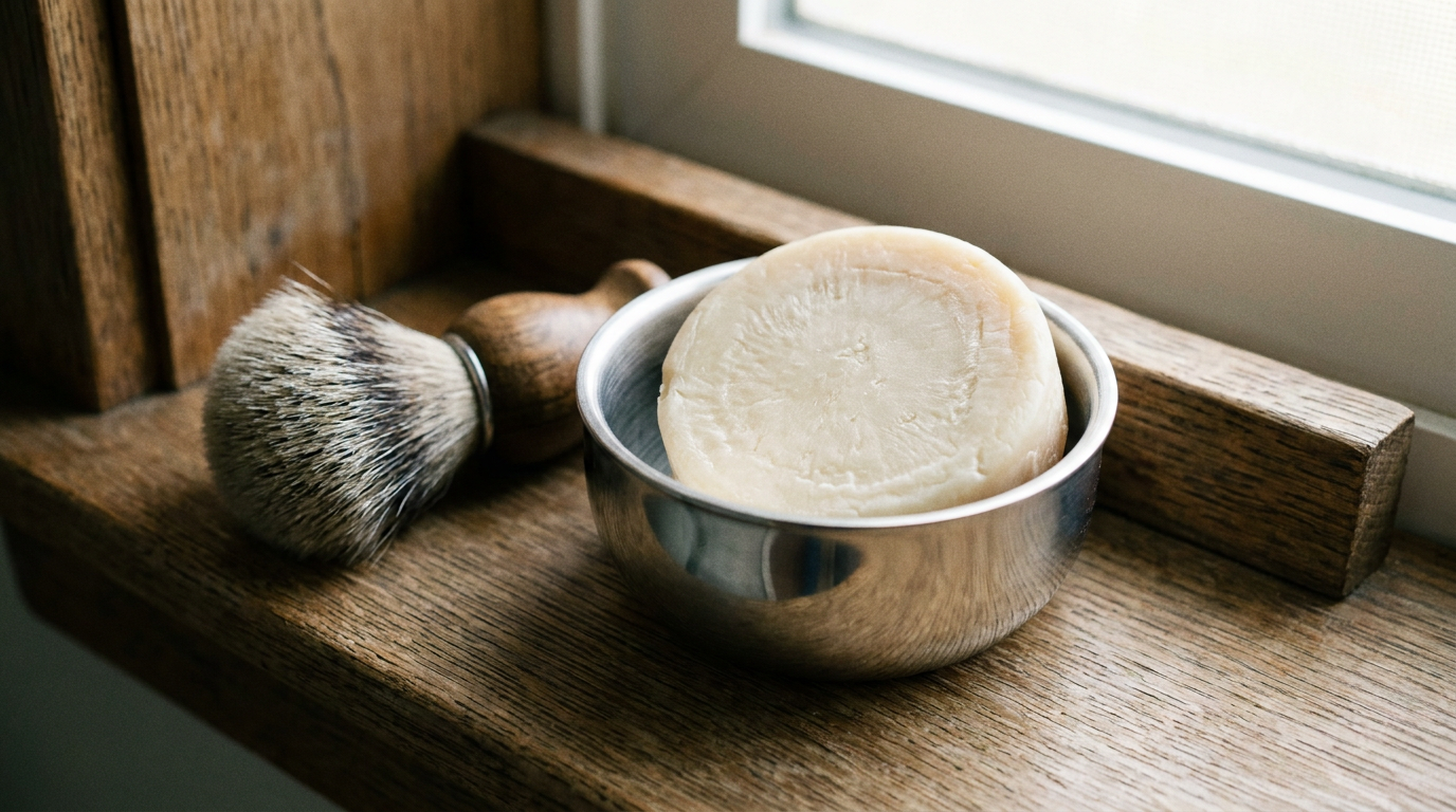 Round shaving soap puck seated in an open stainless steel shaving bowl on a wooden shelf