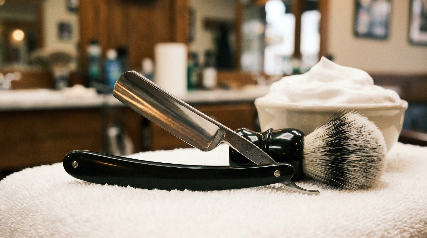 Straight razor head shave with an open straight razor beside a shaving brush and bowl of lather on a barbershop counter