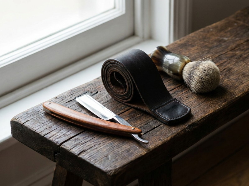 Straight razor kit with razor, leather strop and shaving brush laid out on a wooden bench
