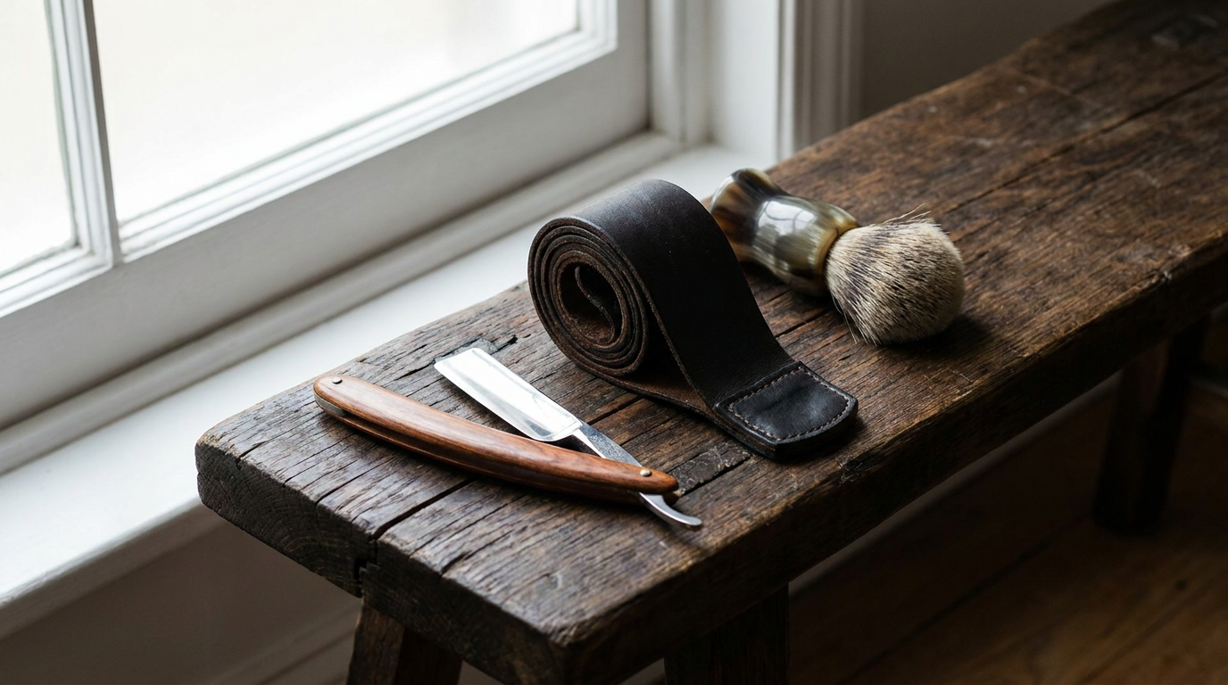 Straight razor kit with razor, leather strop and shaving brush laid out on a wooden bench