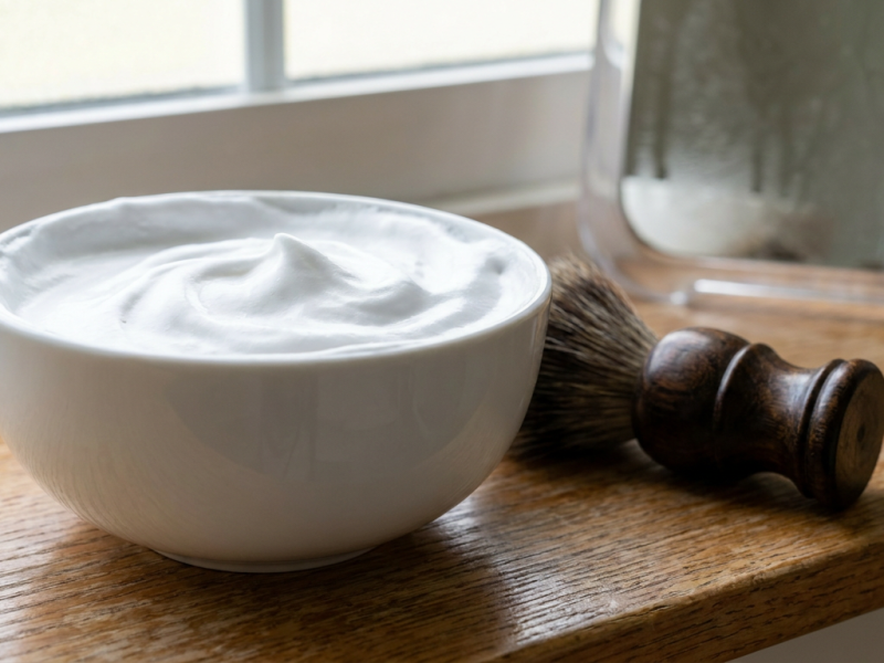 taylor of old bond street shaving cream lathered in a ceramic bowl beside a badger shaving brush on a wooden shelf