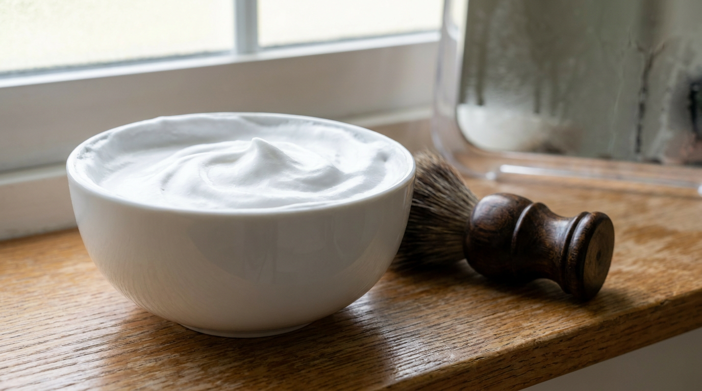 taylor of old bond street shaving cream lathered in a ceramic bowl beside a badger shaving brush on a wooden shelf