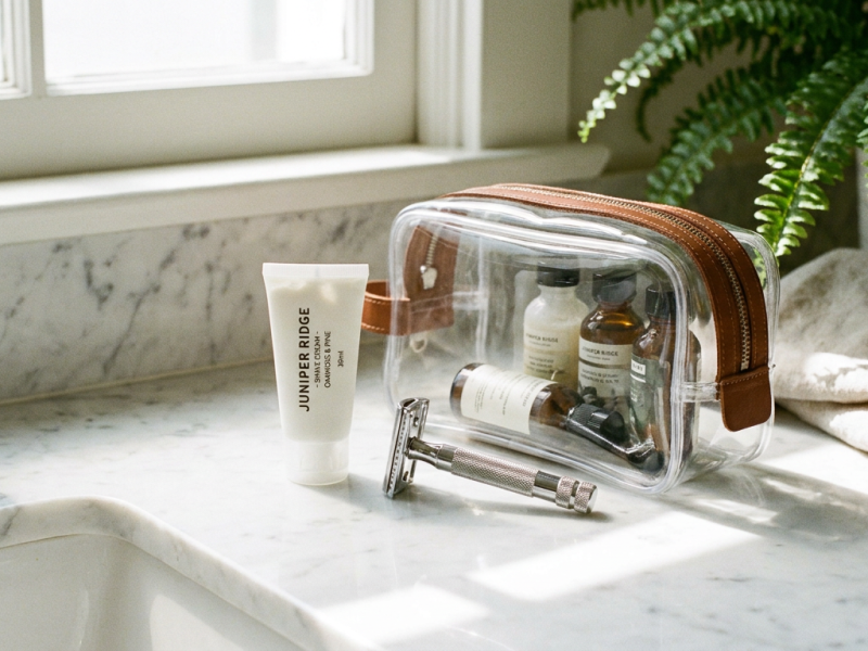 travel size shaving cream tube with safety razor and clear toiletry bag