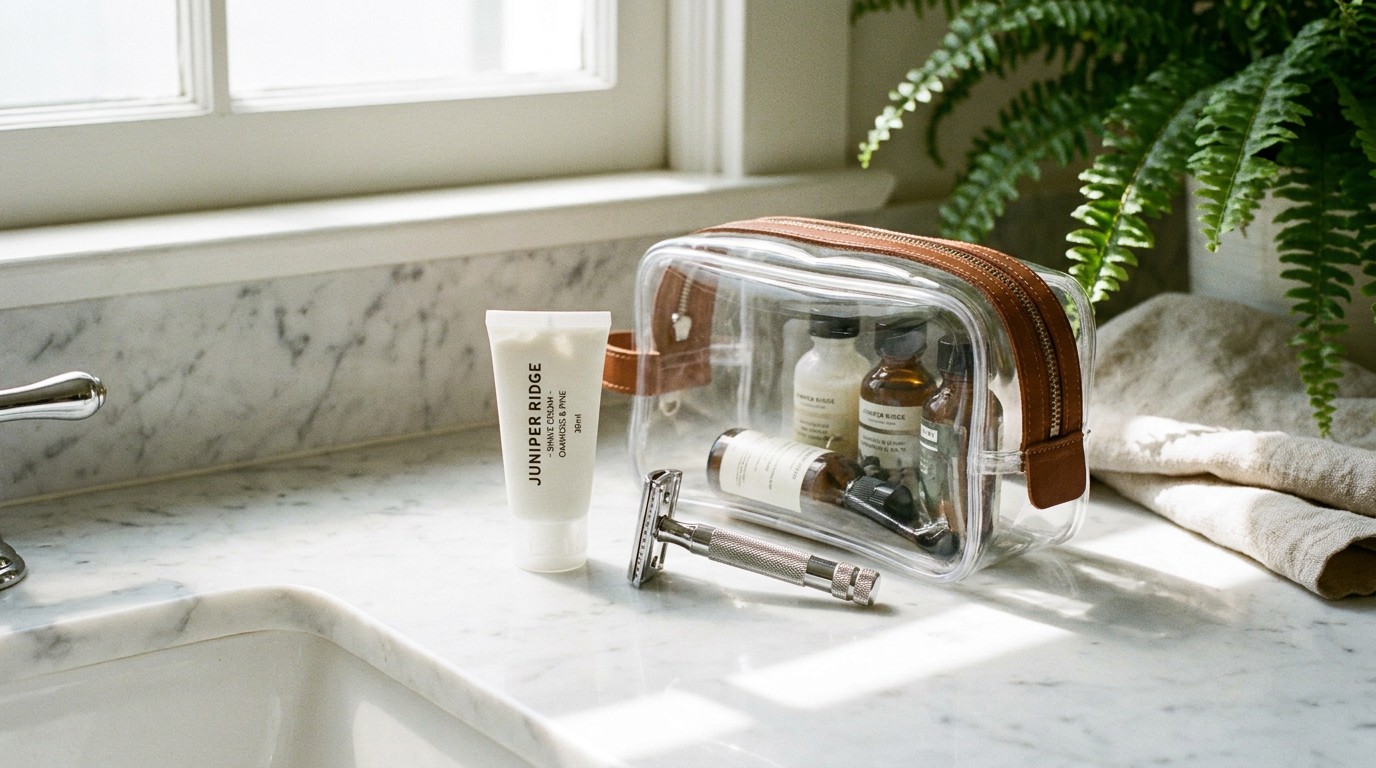 travel size shaving cream tube with safety razor and clear toiletry bag