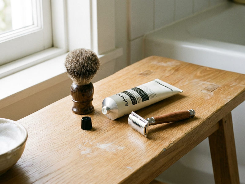 womens shaving cream tube with shaving brush and razor on a wooden bench