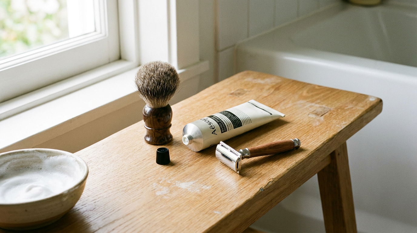 womens shaving cream tube with shaving brush and razor on a wooden bench