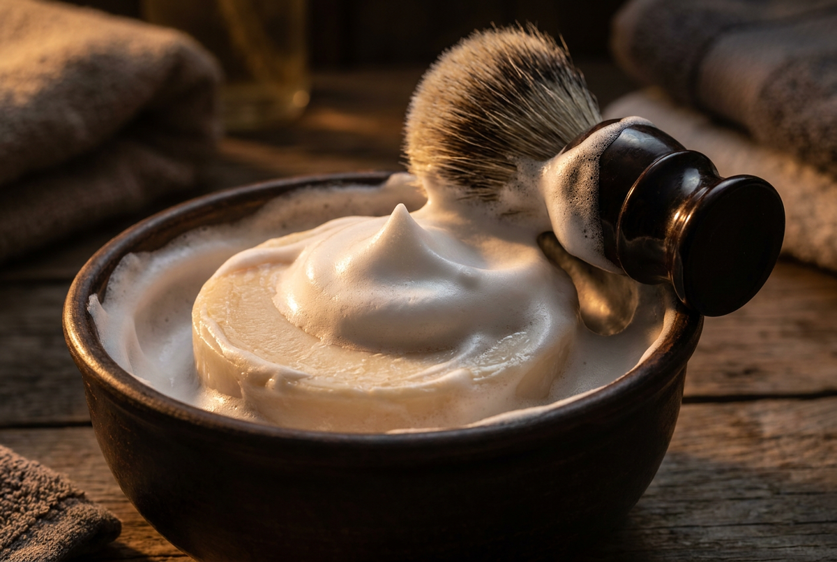 Barrister and Mann style artisan shaving soap in a ceramic bowl with thick glossy lather and a badger brush