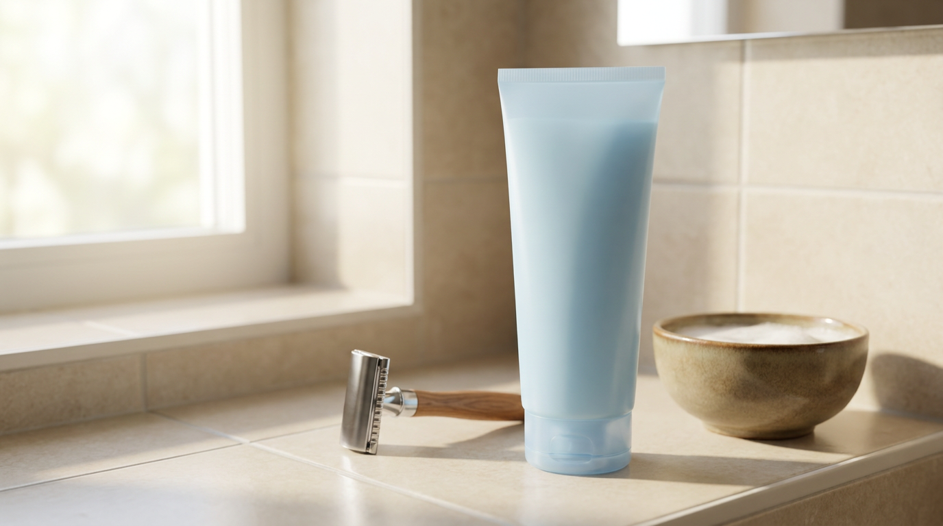 Dollar Shave Club shave butter style clear tube beside a razor and shaving brush on a bathroom counter