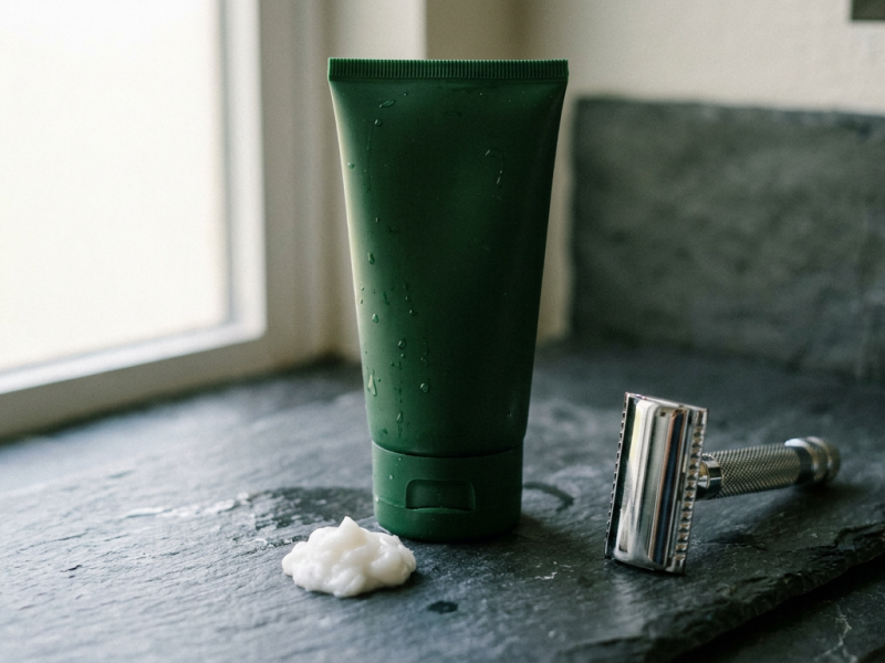 Duke Cannon after shave balm style menthol gel balm in a bottle beside a safety razor on a bathroom counter