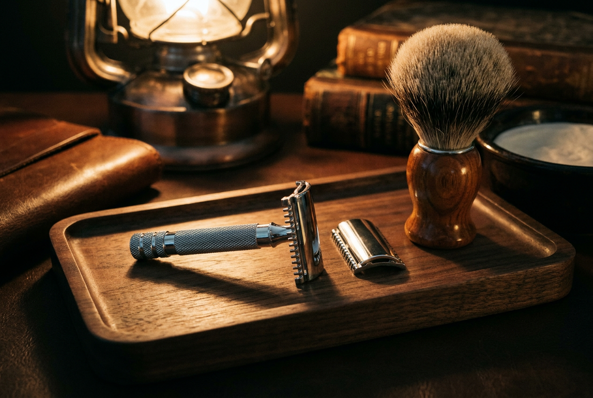 Three-piece safety razor taken apart on a walnut tray beside a shaving brush