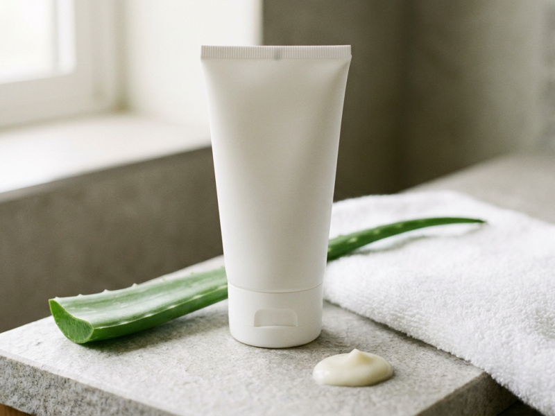 Harry's post-shave balm style aloe after shave balm squeeze bottle on a stone bathroom counter beside an aloe vera leaf