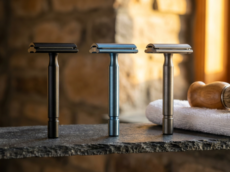Henson shaving razors in black aluminum, steel blue and titanium standing on a slate shelf