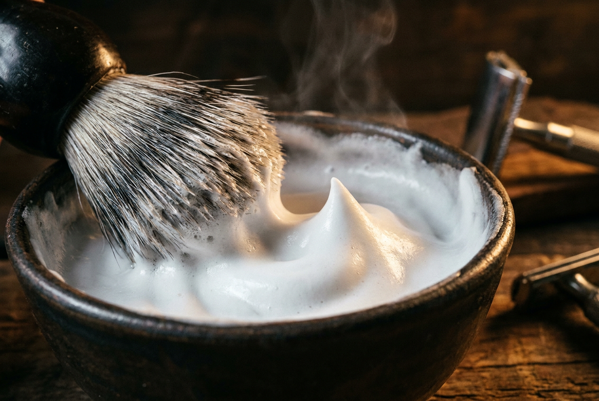 Badger brush swirling thick glossy shaving lather in a ceramic bowl to show how to build perfect lather