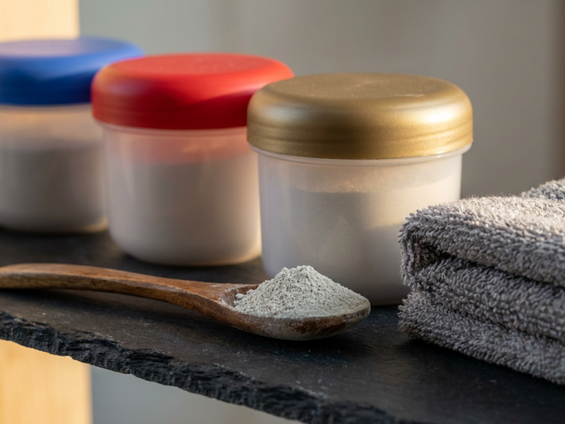 Three tubs of magic shaving powder with blue, red and gold lids and a spoon of fine powder on a slate shelf