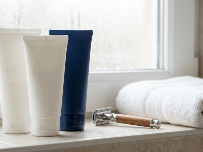 Nivea after shave balm style blue and white squeeze bottles beside a safety razor on a bathroom counter