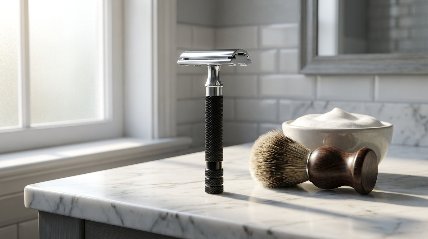 Parker safety razor style double edge razor with knurled handle on a marble counter beside a shaving brush and lather bowl