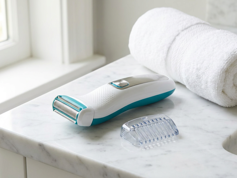 Philips Norelco Bodygroom 7000 style body groomer with a guide comb on a bathroom counter
